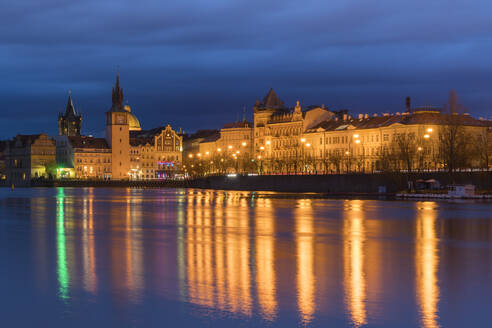 Reflection of Bedrich Smetana Museum and Old Town Waterworks at Smetanovo nabrezi at night, Prague, Bohemia, Czech Republic (Czechia), Europe - RHPLF26479