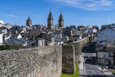 View from the Roman wall of Lugo and its Cathedral, UNESCO World Heritage Site, Lugo, Galicia, Spain, Europe - RHPLF26575