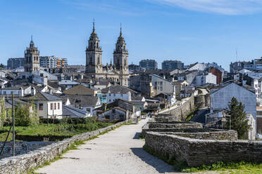 View from the Roman wall of Lugo and its Cathedral, UNESCO World Heritage Site, Lugo, Galicia, Spain, Europe - RHPLF26576