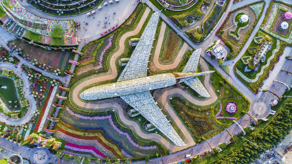 Dubai, UAE - 27 February 2023: Aerial view of the A380 Airbus airplane in Dubai city garden, the world's largest floral installation. - AAEF21002