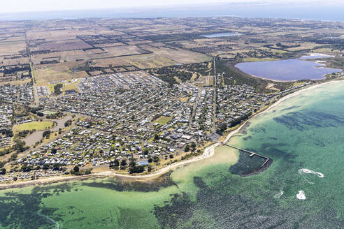 Aerial view of Saint Leonard, a small town along Port Phillip bay, Victoria, Australia. - AAEF21025