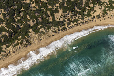 Aerial view of sand banks along Zeally Bay coastline, Connewarre, Victoria, Australia. - AAEF21050