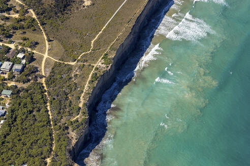 Aerial view of waves along the cliffs coastline in Anglesea, Victoria, Australia. - AAEF21057