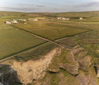 Aerial view of Lanterdan Quarry & fileds, Trebarwith Strand, Tintagel, Cornwall, United Kingdom - AAEF21083