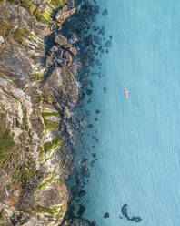 Aerial view of Trebarwith beach at hightide, Tintagel, Cornwall, United Kingdom - AAEF21084