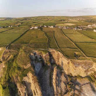 Aerial view of Lanterdan Quarry & fileds, Trebarwith Strand, Tintagel, Cornwall, United Kingdom - AAEF21086