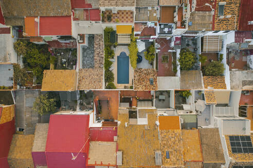 Aerial view of colourful rooftop in Valencia residential district, Spain. - AAEF21108