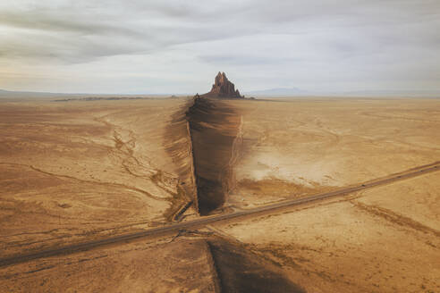 Aerial view of the famous monadnock Shiprock at sunset, Navajo Nation, San Juan County, New Mexico, United States. - AAEF21160