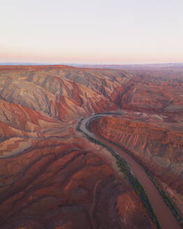 Aerial view of triangular shaped rocks along San Juan River, near Mexican Hat, Utah, United States. - AAEF21191