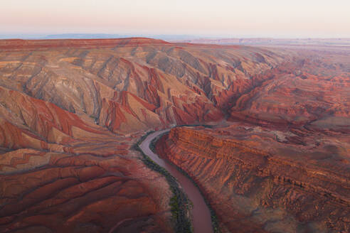 Aerial view of triangular shaped rocks along San Juan River, near Mexican Hat, Utah, United States. - AAEF21192