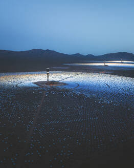 Aerial view of a concentrated solar thermal plant at sunrise, Mojave Desert, California, near Las Vegas, United States. - AAEF21256