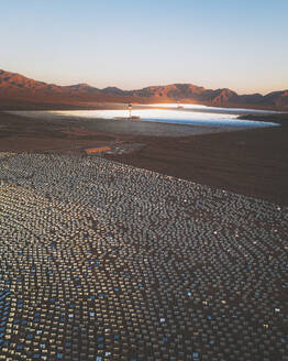 Aerial view of a concentrated solar thermal plant at sunrise, Mojave Desert, California, near Las Vegas, United States. - AAEF21262