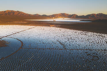 Aerial view of a concentrated solar thermal plant at sunrise, Mojave Desert, California, near Las Vegas, United States. - AAEF21268