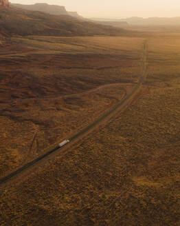 Aerial view of a road near colorful rock textures, near Vermilion Cliffs National Monument, Marble Canyon, Arizona, United States. - AAEF21280