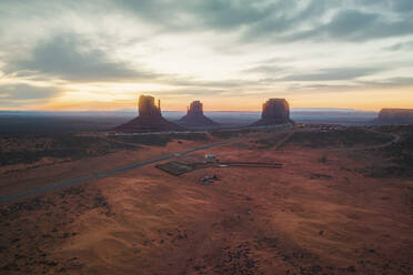 Aerial view of famous Monument Valley at sunrise, Utah, United States. - AAEF21300