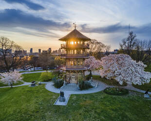 Aerial view of the Patterson Park Pagoda Observatory at sunset in Baltimore, Maryland, United States. - AAEF21463