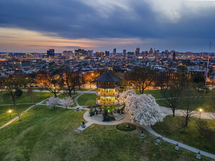 Aerial view of the Patterson Park Pagoda Observatory during twilight in Baltimore, Maryland, United States. - AAEF21465