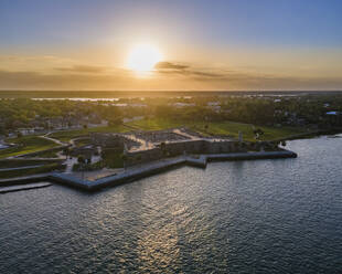 Aerial View of the Castillo de San Marcos at sunset in historic Downtown St Augustine, Florida, United States. - AAEF21485