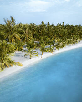 Aerial view of a woman walking along the tropical beach on Male Atoll, Maldives. - AAEF21532