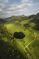 Drohnenaufnahme eines Sees, umgeben von üppigem grünen Gras, Grappelensee, Wildhaus, Laui, St. Gallen, Schweiz. - AAEF21551