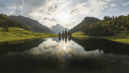 Drohnenaufnahme eines Sees, umgeben von üppigem grünen Gras, Grappelensee, Wildhaus, Laui, St. Gallen, Schweiz. - AAEF21558