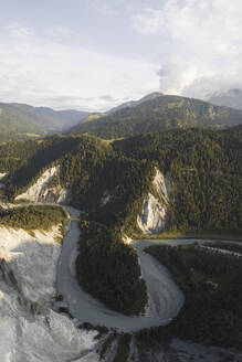 Aerial drone view a canyon filled by a glacier river called Rheinschlucht, Flims, Graubunden, Switzerland. - AAEF21559