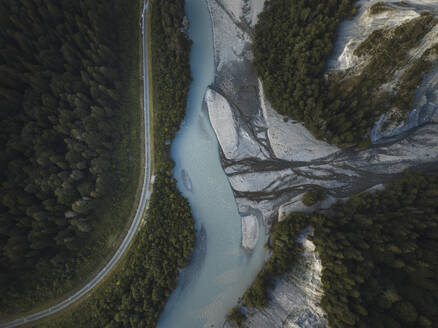 Aerial drone view a glacier river and a railroad, Rheinschlucht, Flims, Graubunden, Switzerland. - AAEF21563