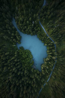 Aerial drone view a blue water lake, Lag Prau Tuleritg, Flims, Graubunden, Switzerland. - AAEF21567