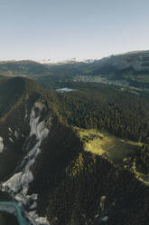 Aerial drone view of a plateau on the ridge of Rheinschlucht at sunrise, Flims, Graubunden, Switzerland. - AAEF21573