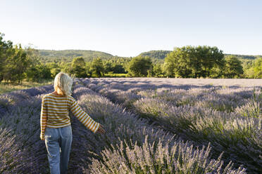 Carefree woman spending leisure time in lavender field - SVKF01587