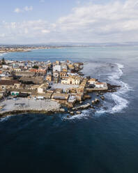 Aerial view of Marzamemi, a small town along the Ionian Sea coastline, Pachino, Syracure, Sicily, Italy. - AAEF21607