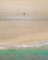 Aerial view of a person along the shoreline with a book at Baia de Sao Martinho do Porto, Leiria, Portugal. - AAEF21629