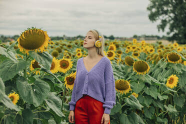 Frau mit geschlossenen Augen, die mit drahtlosen Kopfhörern in einem Sonnenblumenfeld Musik hört - VSNF01278