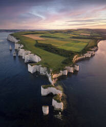 Aerial view of Old Harry Rocks (Jurassic Coast), a rugged and wild coastline with white cliffs along the Atlantic Ocean, Swanage, England, United Kingdom. - AAEF21744