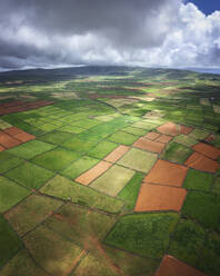 Aerial view of agricultural fields during a cloudy day in Ilha Terceira, Azores, Portugal. - AAEF21747