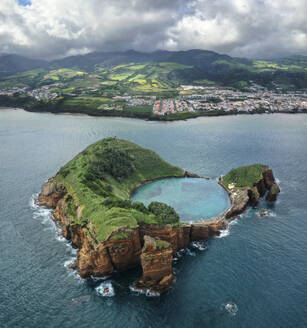 Aerial view of Ilheu de Vila Franca do Campo on Ilha do Pico island on Azores archipelagos, Portugal. - AAEF21752