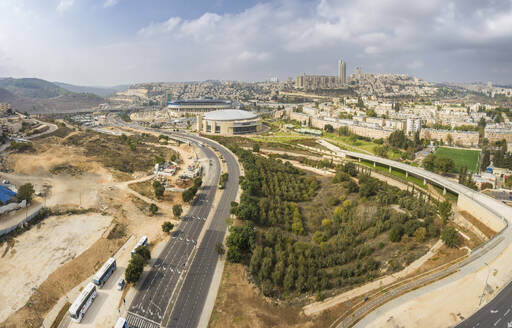 Aerial view of a highway leading to a shopping center, Jerusalem, Israel. - AAEF21763