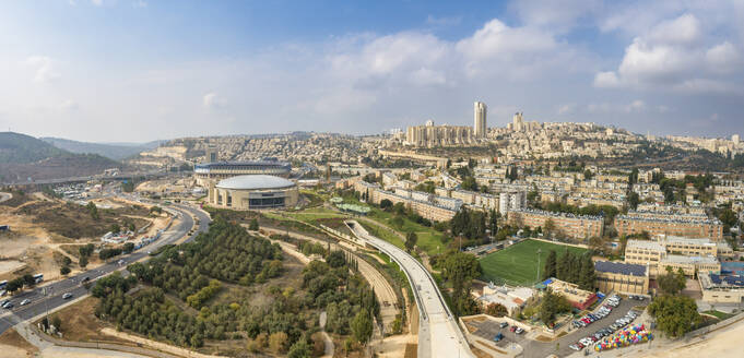 Aerial view of a highway leading to a shopping center, Jerusalem, Israel. - AAEF21764