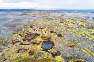 Aerial view of colourful land with small ponds, Sprengisandur, highlands of Iceland. - AAEF21784