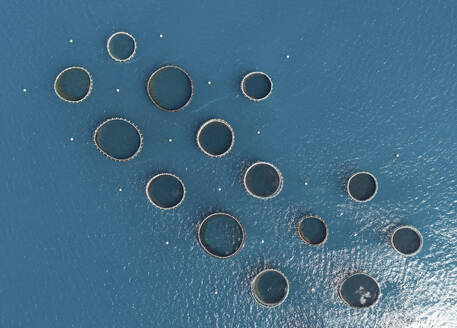 Aerial drone view of a fishing farm, Mahebourg, Mauritius, Indian Ocean. - AAEF21813