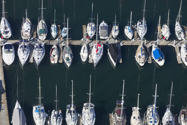 Aerial view of sailing boats docked along the harbour, Melbourne, Victoria, Australia. - AAEF21842