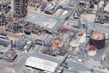 Aerial view of Large refinery factory on hot summers day, Melbourne, Victoria, Australia. - AAEF21850