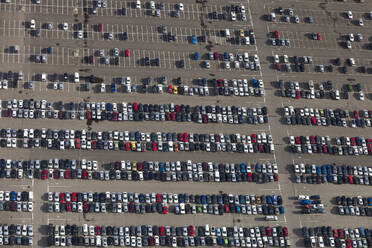 Aerial view of vehicles parked at Airport car park, Melbourne, Victoria, Australia. - AAEF21853