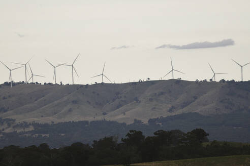 Aerial view of wind turbines on the hilltop in Melbourne countryside, Victoria, Australia. - AAEF21888