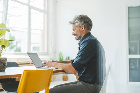 Lächelnder Geschäftsmann arbeitet am Laptop am Schreibtisch im Büro - JOSEF20487