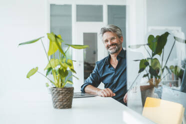 Happy businessman sitting at desk on office - JOSEF20490