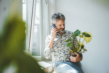 Geschäftsmann, der mit einem Smartphone spricht und eine Pflanze im Büro hält - JOSEF20524