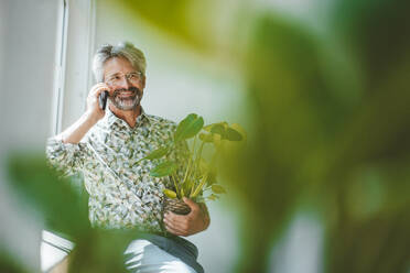 Businessman with plant talking on smart phone at office - JOSEF20525