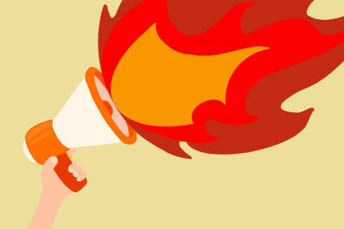 Illustration einer Hand, die ein Megaphon hält und Feuer speit - MSMF00078