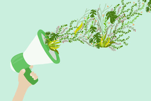 Illustration of hand holding megaphone spewing green plants - MSMF00079